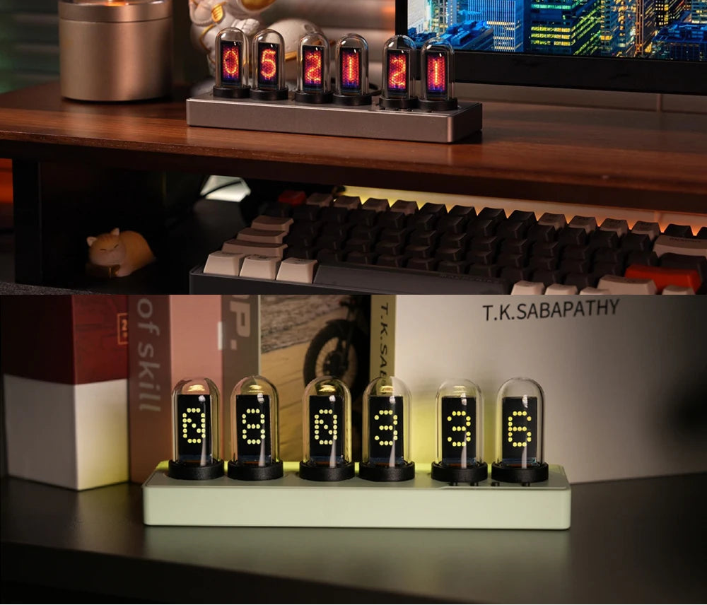 WIFI Control IPS Nixie Tube Alarm Clock with Colorful RGB Lights for Game Room Decoration.DIY Clock Faces and Pictures.Gift Idea